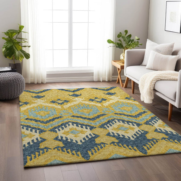 HomeRoots 8' X 10' Tribal Area Rug in Yellow, Ivory & Navy Blue - Washable, UV-Protected & Durable for Every Home 644782