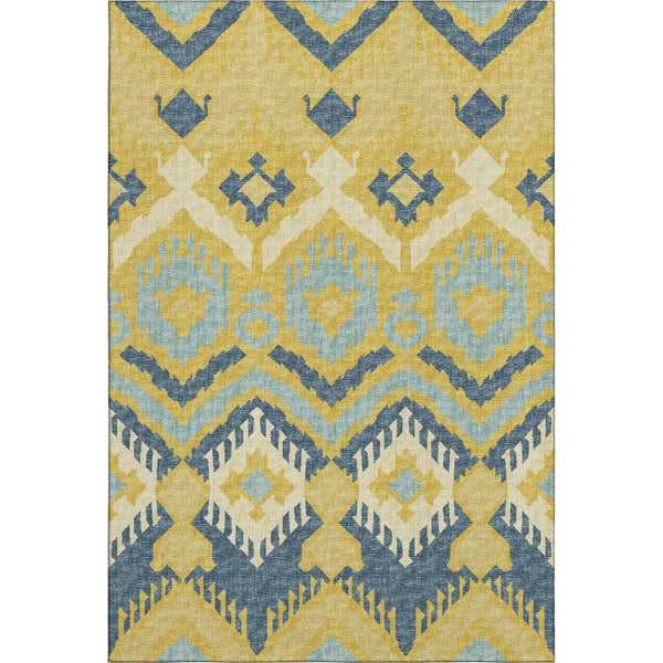 HomeRoots 8' X 10' Tribal Area Rug in Yellow, Ivory & Navy Blue - Washable, UV-Protected & Durable for Every Home 644782