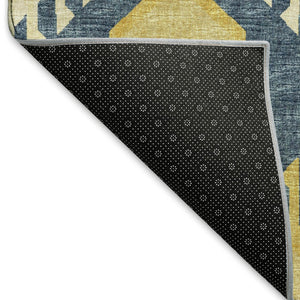 HomeRoots 8' X 10' Tribal Area Rug in Yellow, Ivory & Navy Blue - Washable, UV-Protected & Durable for Every Home 644782