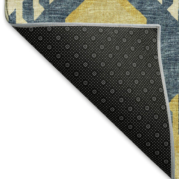 HomeRoots 8' X 10' Tribal Area Rug in Yellow, Ivory & Navy Blue - Washable, UV-Protected & Durable for Every Home 644782