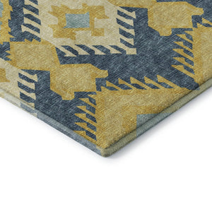 HomeRoots 8' X 10' Tribal Area Rug in Yellow, Ivory & Navy Blue - Washable, UV-Protected & Durable for Every Home 644782