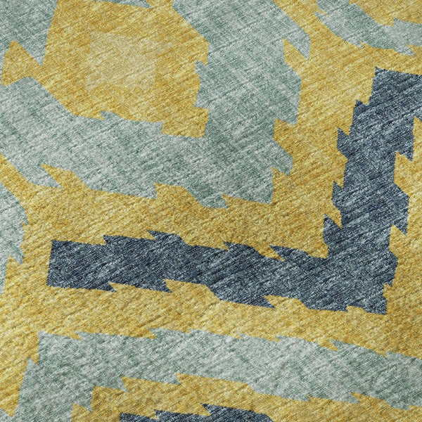 HomeRoots 8' X 10' Tribal Area Rug in Yellow, Ivory & Navy Blue - Washable, UV-Protected & Durable for Every Home 644782