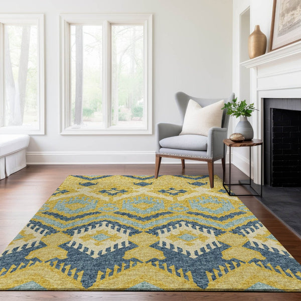 HomeRoots 8' X 10' Tribal Area Rug in Yellow, Ivory & Navy Blue - Washable, UV-Protected & Durable for Every Home 644782