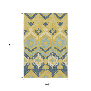HomeRoots 9' X 12' Vibrant Yellow Ivory & Navy Blue Tribal Washable Area Rug with UV Protection & Durability 644783