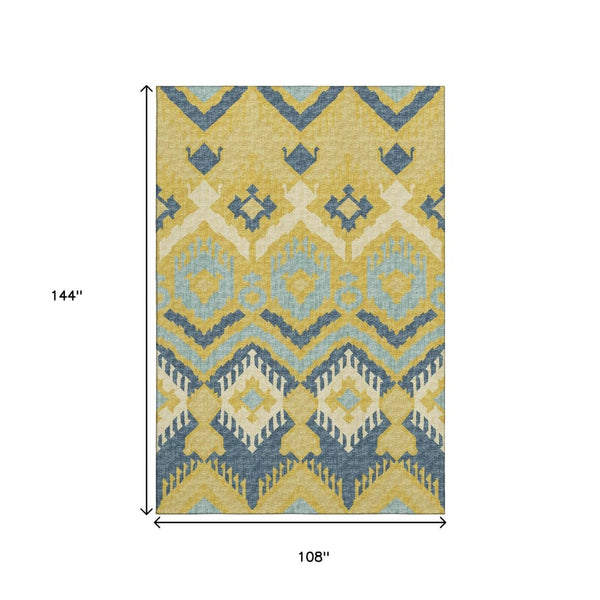 HomeRoots 9' X 12' Vibrant Yellow Ivory & Navy Blue Tribal Washable Area Rug with UV Protection & Durability 644783