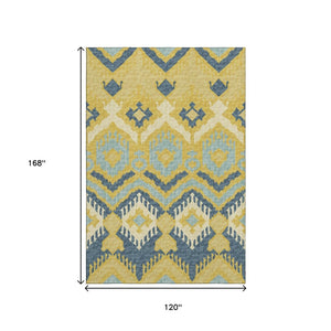 HomeRoots 10' X 14' Vibrant Yellow, Ivory & Navy Blue Tribal Washable Area Rug with UV Protection & Durability 644784