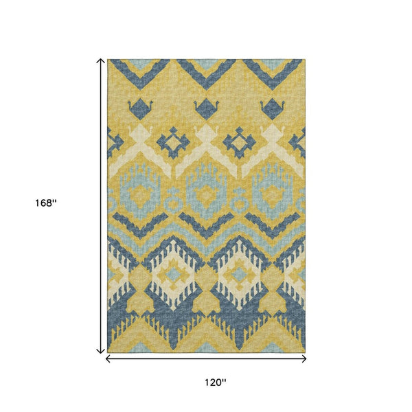 HomeRoots 10' X 14' Vibrant Yellow, Ivory & Navy Blue Tribal Washable Area Rug with UV Protection & Durability 644784