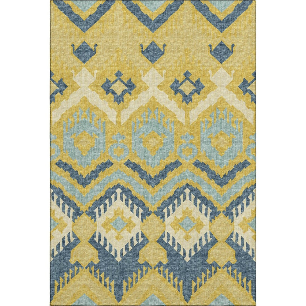 HomeRoots 10' X 14' Vibrant Yellow, Ivory & Navy Blue Tribal Washable Area Rug with UV Protection & Durability 644784