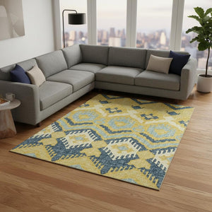HomeRoots 10' X 14' Vibrant Yellow, Ivory & Navy Blue Tribal Washable Area Rug with UV Protection & Durability 644784