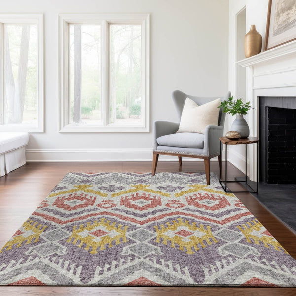 HomeRoots 5' X 8' Bold Purple Ivory & Gold Tribal Washable Area Rug with UV Protection for Easy Care & Style 644786