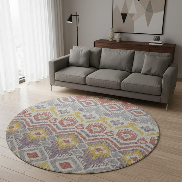 HomeRoots 8' Purple Ivory and Gold Tribal Round Rug - Stylish, Washable, Durable with UV Protection for Homes 644787
