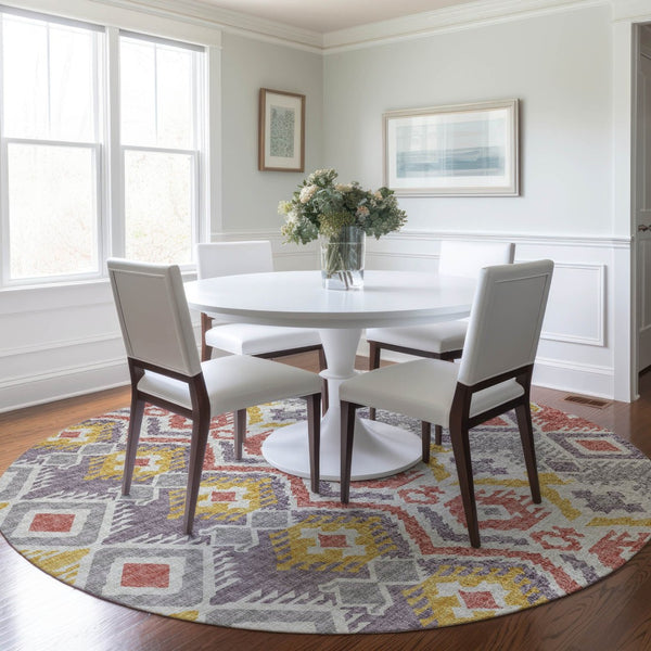 HomeRoots 8' Purple Ivory and Gold Tribal Round Rug - Stylish, Washable, Durable with UV Protection for Homes 644787
