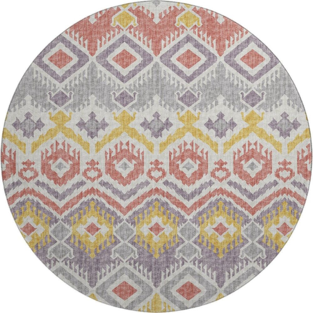 HomeRoots 8' Purple Ivory and Gold Tribal Round Rug - Stylish, Washable, Durable with UV Protection for Homes 644787