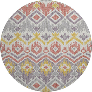 HomeRoots 8' Purple Ivory and Gold Tribal Round Rug - Stylish, Washable, Durable with UV Protection for Homes 644787