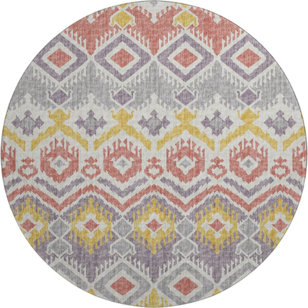 HomeRoots 8' Purple Ivory and Gold Tribal Round Rug - Stylish, Washable, Durable with UV Protection for Homes 644787