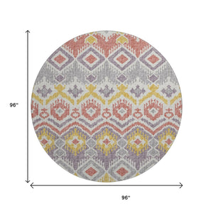 HomeRoots 8' Purple Ivory and Gold Tribal Round Rug - Stylish, Washable, Durable with UV Protection for Homes 644787