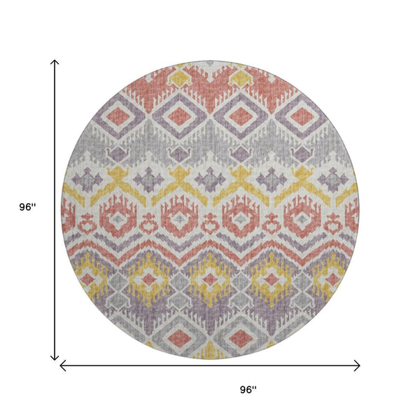 HomeRoots 8' Purple Ivory and Gold Tribal Round Rug - Stylish, Washable, Durable with UV Protection for Homes 644787