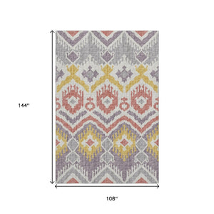 HomeRoots 9' X 12' Purple Ivory Gold Tribal Area Rug - Washable, UV Protected, Stain Resistant for High Traffic Areas 644789