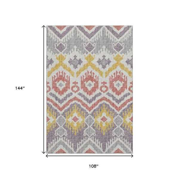 HomeRoots 9' X 12' Purple Ivory Gold Tribal Area Rug - Washable, UV Protected, Stain Resistant for High Traffic Areas 644789
