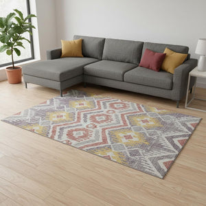HomeRoots 9' X 12' Purple Ivory Gold Tribal Area Rug - Washable, UV Protected, Stain Resistant for High Traffic Areas 644789