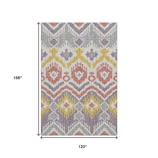 HomeRoots 10' X 14' Stylish Purple Ivory Gold Tribal Washable Area Rug - Durable, UV Protected, Low Maintenance 644790