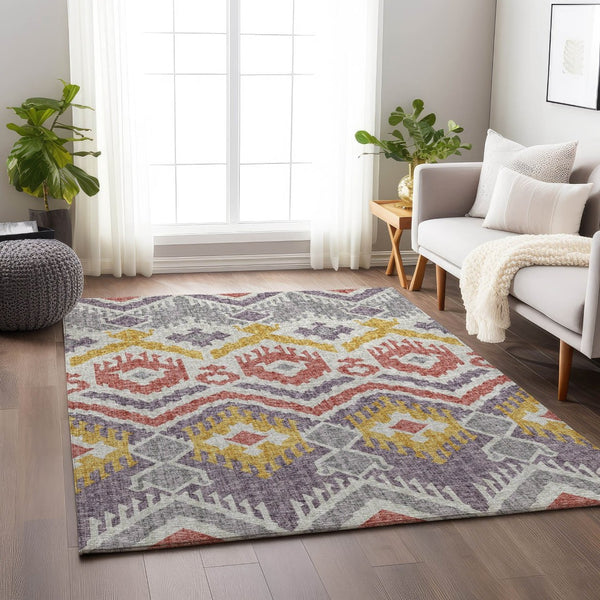 HomeRoots 10' X 14' Stylish Purple Ivory Gold Tribal Washable Area Rug - Durable, UV Protected, Low Maintenance 644790