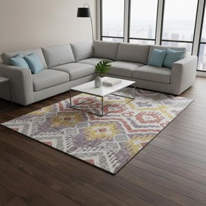 HomeRoots 10' X 14' Stylish Purple Ivory Gold Tribal Washable Area Rug - Durable, UV Protected, Low Maintenance 644790