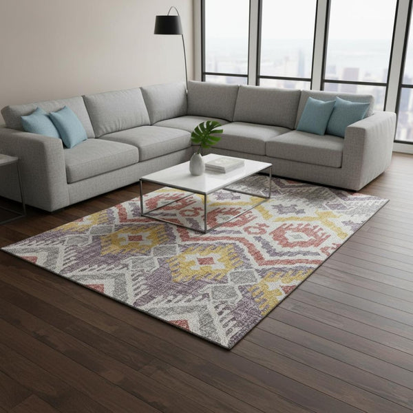 HomeRoots 10' X 14' Stylish Purple Ivory Gold Tribal Washable Area Rug - Durable, UV Protected, Low Maintenance 644790