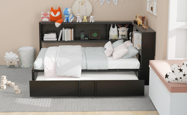 English Elm Metal Full Size Daybed with Trundle, Built-In Storage Cabinets & USB Ports for Small Rooms Black DL001523AAB