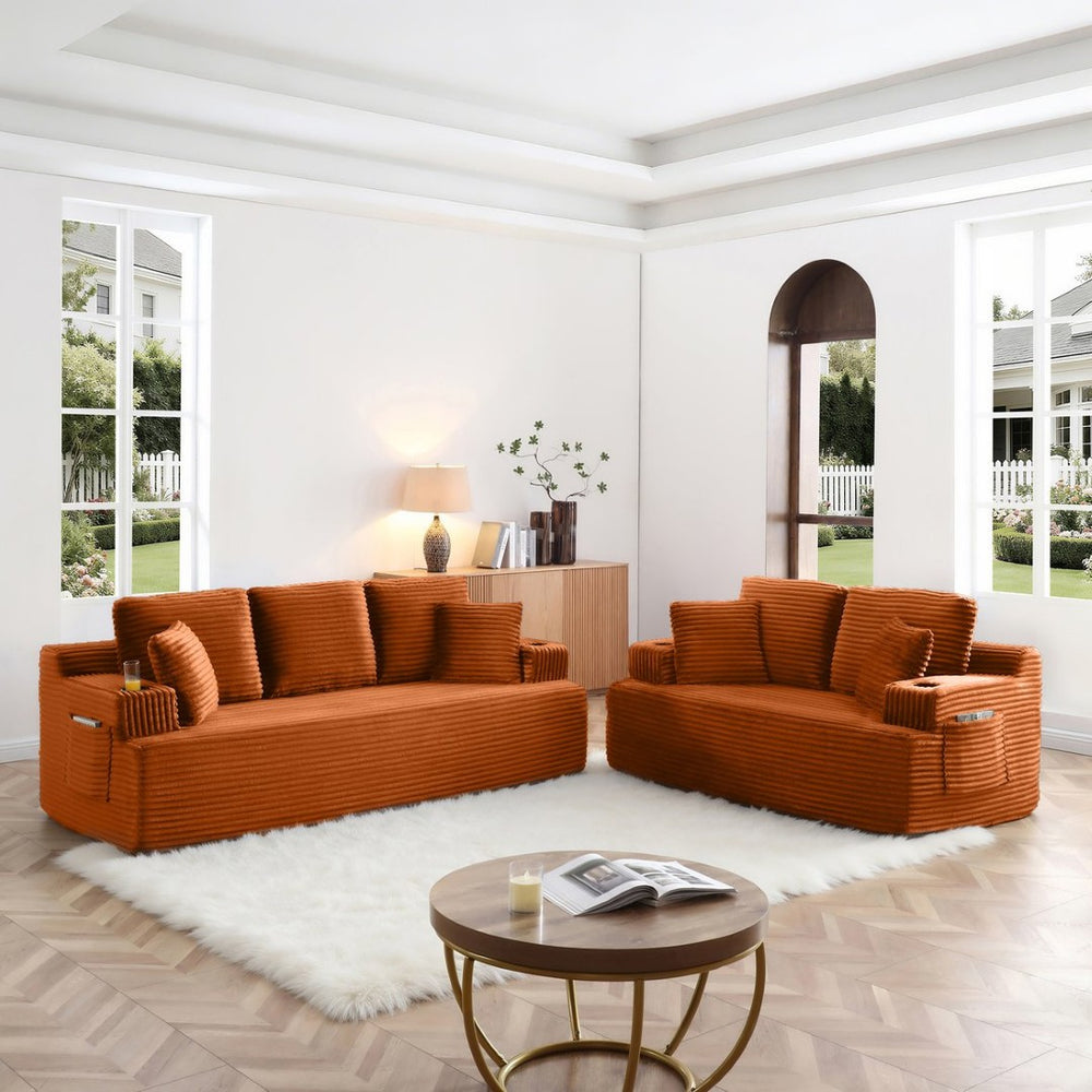 English Elm Boneless Floor Sofa Corduroy Upholstered 5 Seat with Cup Holders and Side Pockets W1117S00432