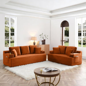 English Elm Boneless Floor Sofa Corduroy Upholstered 5 Seat with Cup Holders and Side Pockets W1117S00432