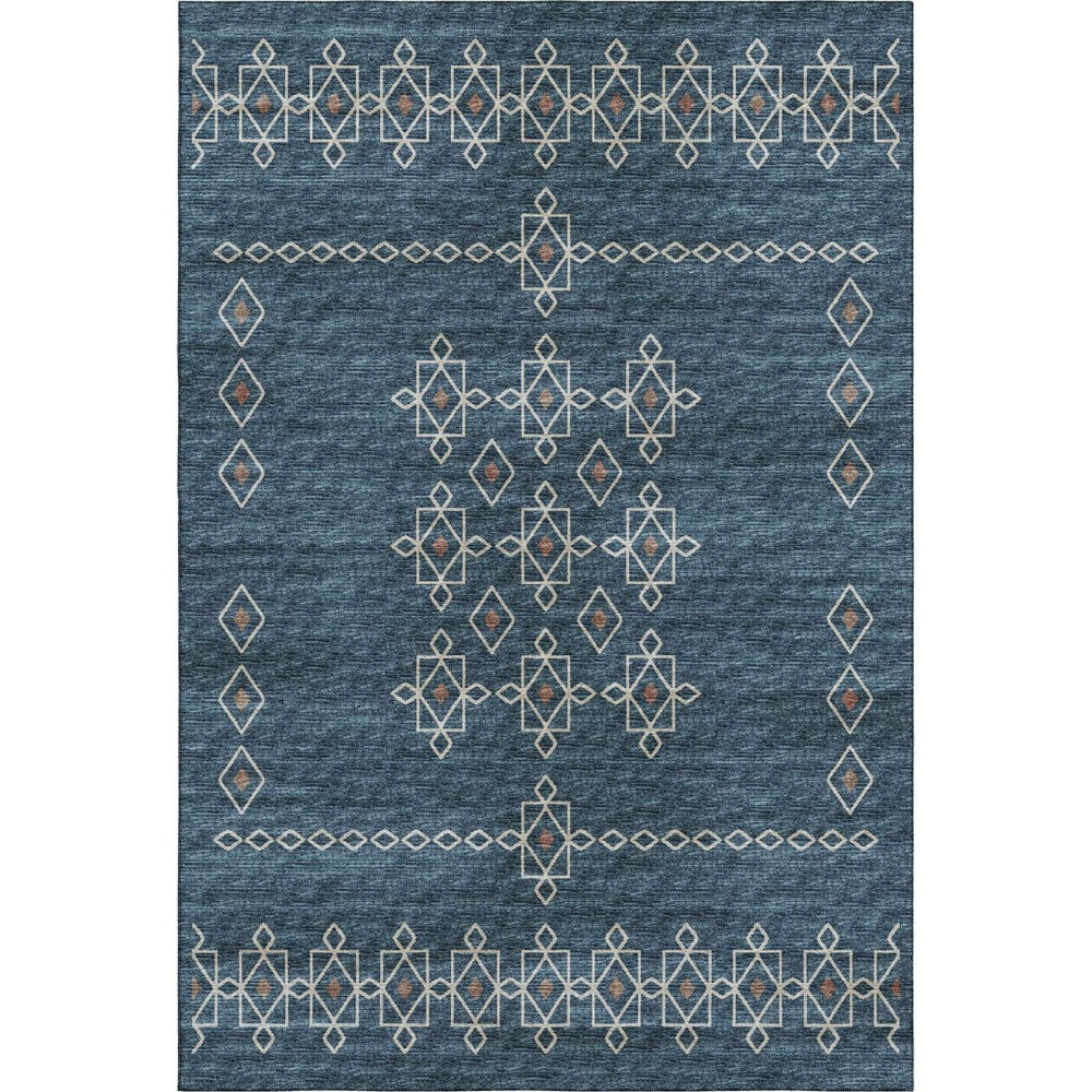 HomeRoots 5' X 8' Blue Rust Tribal Washable Area Rug - UV Protected, Stain Resistant & Ideal for High-Traffic Areas 644804