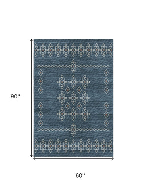 HomeRoots 5' X 8' Blue Rust Tribal Washable Area Rug - UV Protected, Stain Resistant & Ideal for High-Traffic Areas 644804