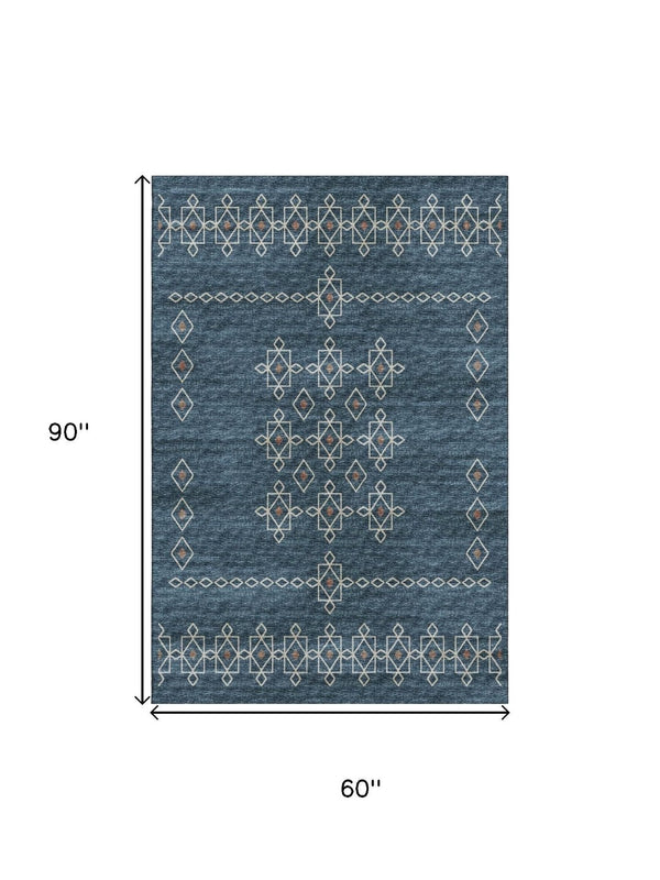 HomeRoots 5' X 8' Blue Rust Tribal Washable Area Rug - UV Protected, Stain Resistant & Ideal for High-Traffic Areas 644804