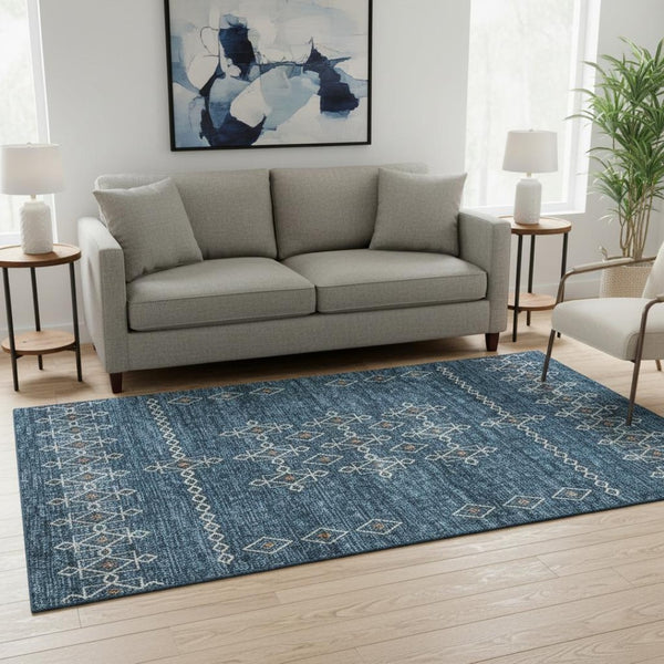 HomeRoots 5' X 8' Blue Rust Tribal Washable Area Rug - UV Protected, Stain Resistant & Ideal for High-Traffic Areas 644804