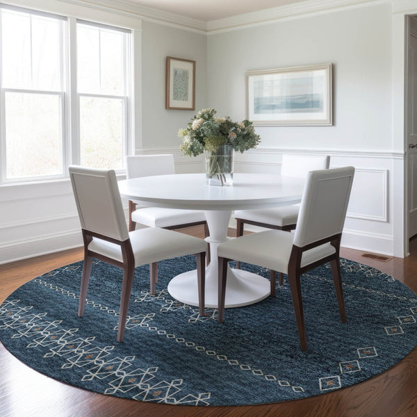 HomeRoots 8' Blue Tribal Rug with Rust and Ivory Pattern - Washable, UV Protected, Perfect for High-Traffic Areas 644805