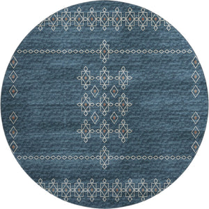 HomeRoots 8' Blue Tribal Rug with Rust and Ivory Pattern - Washable, UV Protected, Perfect for High-Traffic Areas 644805