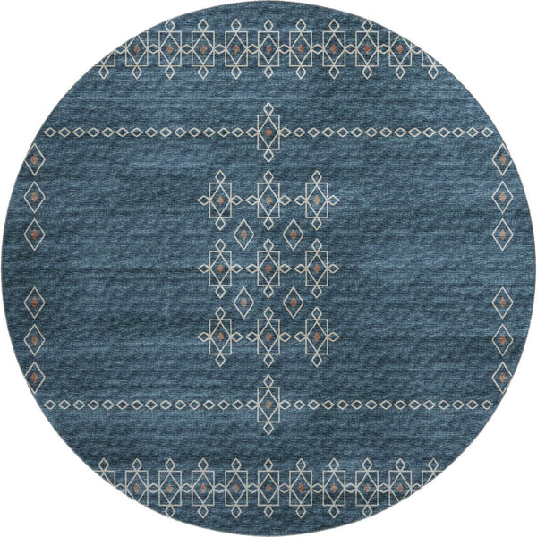 HomeRoots 8' Blue Tribal Rug with Rust and Ivory Pattern - Washable, UV Protected, Perfect for High-Traffic Areas 644805