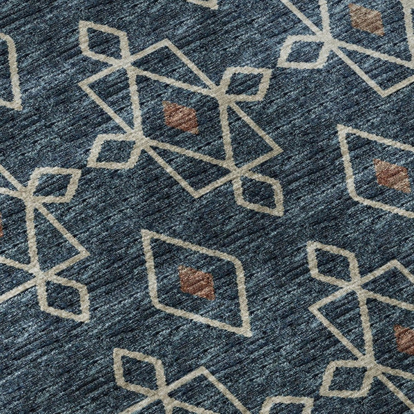 HomeRoots 8' Blue Tribal Rug with Rust and Ivory Pattern - Washable, UV Protected, Perfect for High-Traffic Areas 644805
