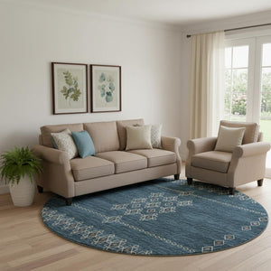 HomeRoots 8' Blue Tribal Rug with Rust and Ivory Pattern - Washable, UV Protected, Perfect for High-Traffic Areas 644805