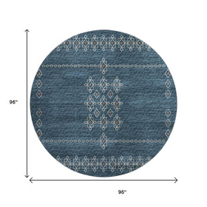 HomeRoots 8' Blue Tribal Rug with Rust and Ivory Pattern - Washable, UV Protected, Perfect for High-Traffic Areas 644805