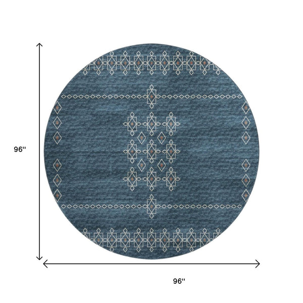 HomeRoots 8' Blue Tribal Rug with Rust and Ivory Pattern - Washable, UV Protected, Perfect for High-Traffic Areas 644805
