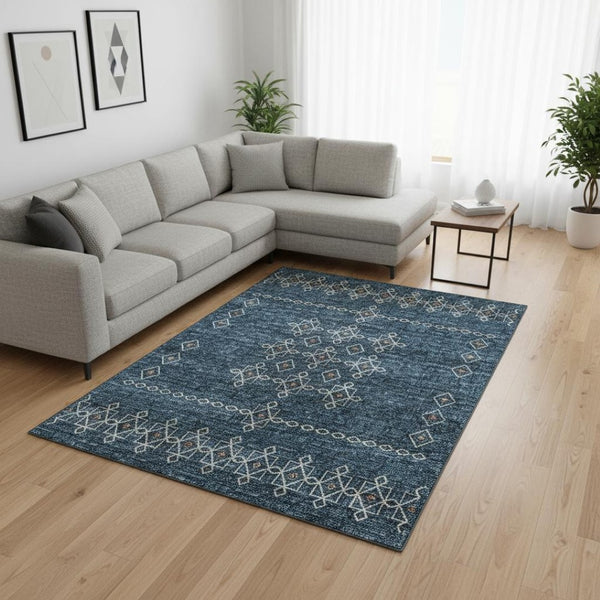 HomeRoots 8' X 10' Tribal Blue, Rust & Ivory Washable Area Rug - UV Protected, Stain Resistant, Durable Design 644806