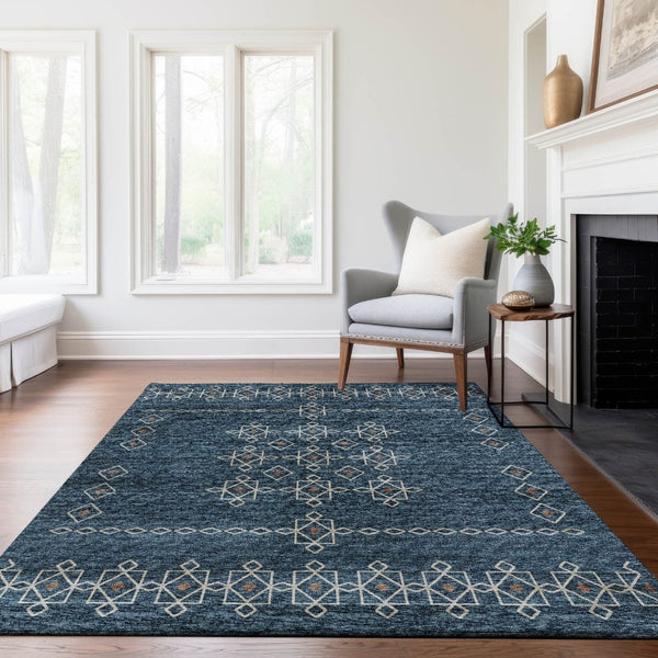 HomeRoots 8' X 10' Tribal Blue, Rust & Ivory Washable Area Rug - UV Protected, Stain Resistant, Durable Design 644806
