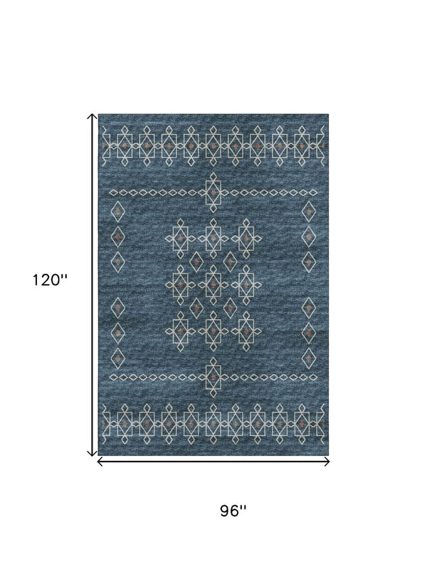 HomeRoots 8' X 10' Tribal Blue, Rust & Ivory Washable Area Rug - UV Protected, Stain Resistant, Durable Design 644806