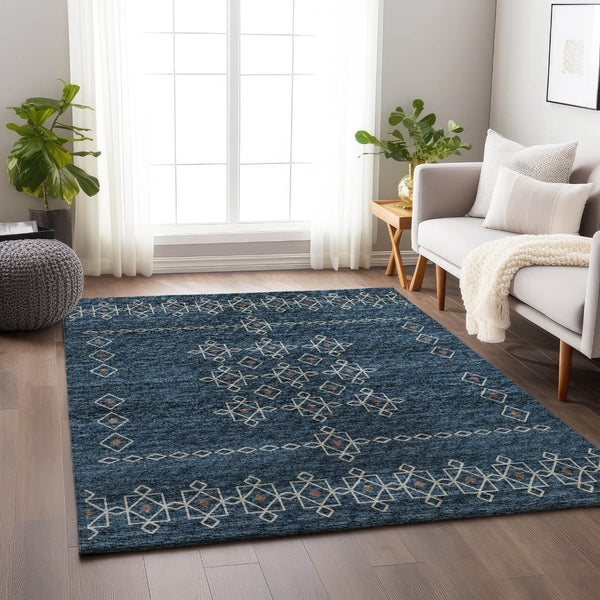 HomeRoots 9' X 12' Tribal Area Rug in Blue, Rust & Ivory - Durable, Washable, UV Protected for Family Homes 644807