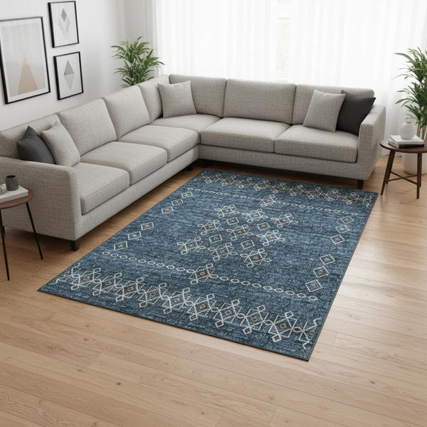 HomeRoots 9' X 12' Tribal Area Rug in Blue, Rust & Ivory - Durable, Washable, UV Protected for Family Homes 644807