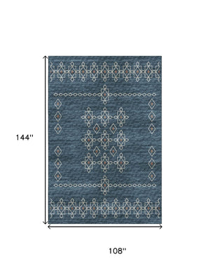 HomeRoots 9' X 12' Tribal Area Rug in Blue, Rust & Ivory - Durable, Washable, UV Protected for Family Homes 644807