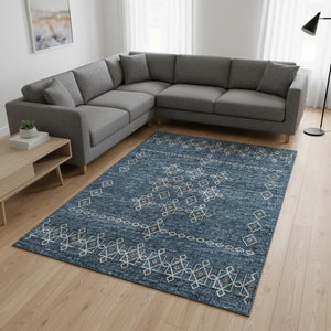 HomeRoots 10' X 14' Blue Rust Ivory Tribal Washable Area Rug - Durable, Stain-Resistant, UV Protected Comfort 644808
