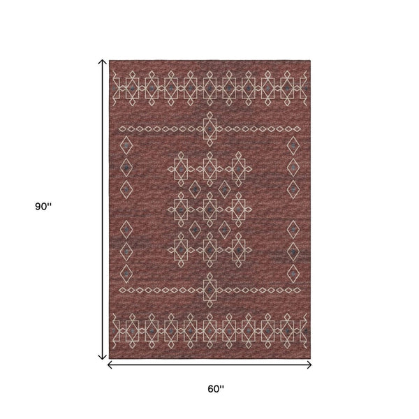 HomeRoots 5' X 8' Durable Burnt Sienna Tribal Area Rug – Washable, UV Protected, Perfect for Active Homes! 644810